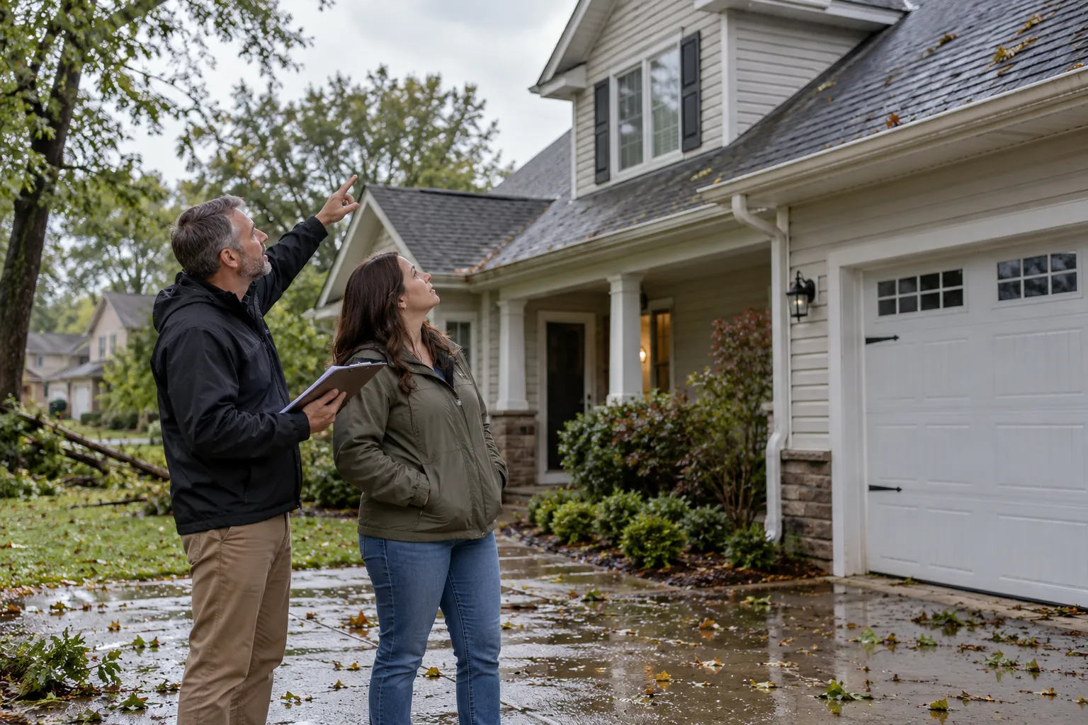 A homeowner checking a ceiling and roofline after a storm in the Johns Creek area