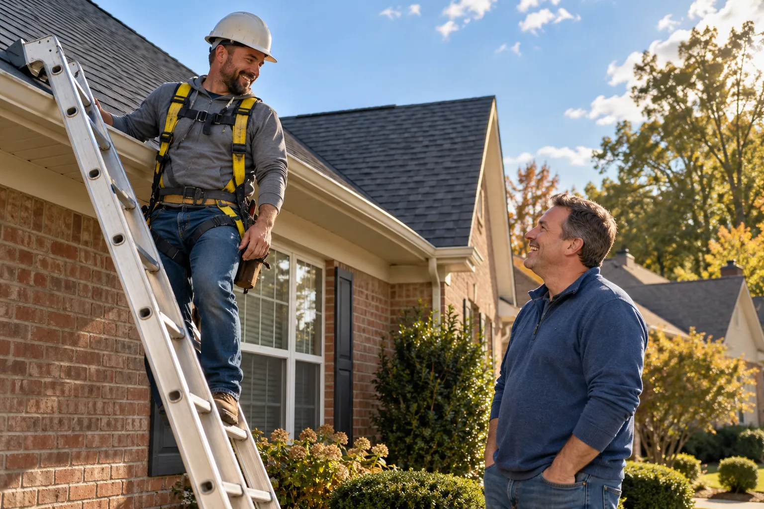 A friendly roofing provider reviewing a shingle roof on a home in Johns Creek